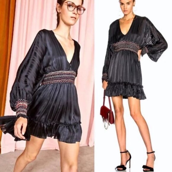 Ulla Johnson Odette Smocked Silk Midnight Dress - Picture 1 of 11